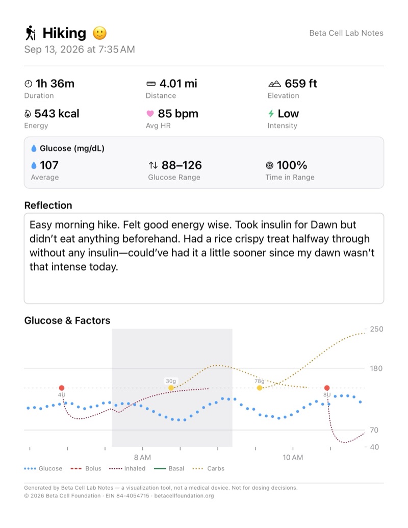 The Detail export: one hike on a single page, with its stats, the written reflection, and the glucose-and-factors chart.