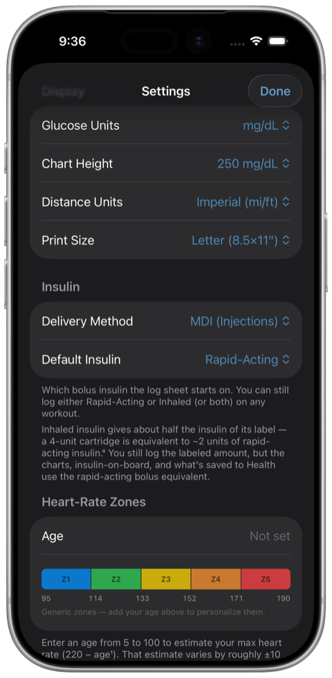 The settings screen where you describe how you dose: MDI or pump, your insulins, and your target range.