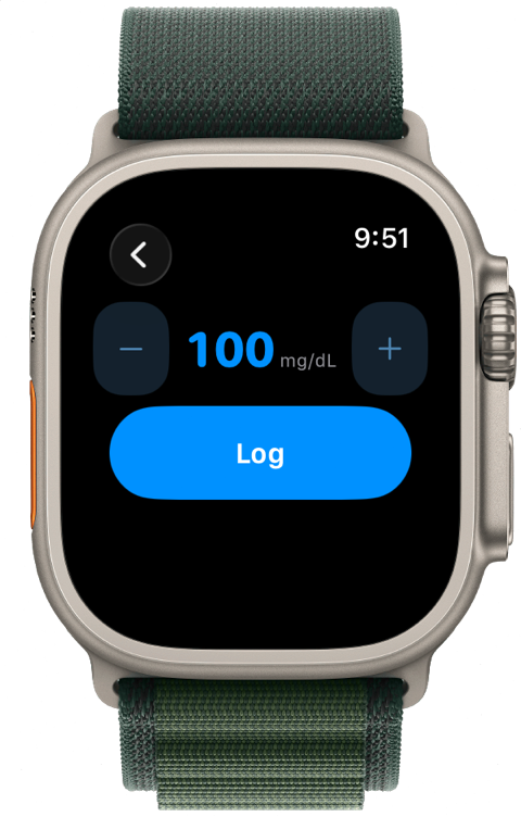 Logging a glucose reading of 100 mg/dL from the watch.