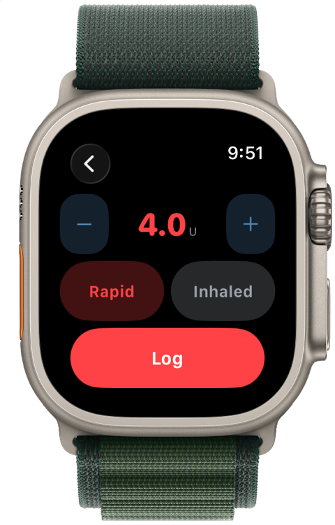 Logging 4 units of rapid-acting insulin from the watch.